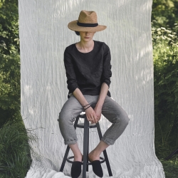 Lniane spodnie z kieszeniami czarno beżowe paseczki 