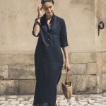 Lniana sukienka długa koszulowa granatowa 