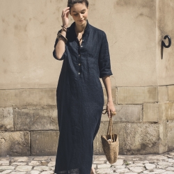 Lniana sukienka długa koszulowa granatowa 