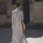 Lniana sukienka długa koszulowa szaro błękitna