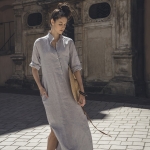 Lniana sukienka długa koszulowa szaro błękitna