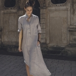 Lniana sukienka długa koszulowa szaro błękitna