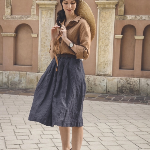 Szeroka spódnica lniana grafit