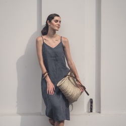 Lniana sukienka na ramiączkach grafitowa 