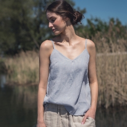 Lniany top beżowo błękitny 