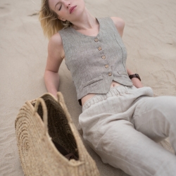 Lniana kamizelka w jodełkę kolor naturalny 