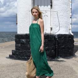 lniana sukienka wiązana na szyi szmaragd 