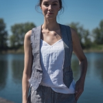 Lniana kamizelka stalowo niebieska